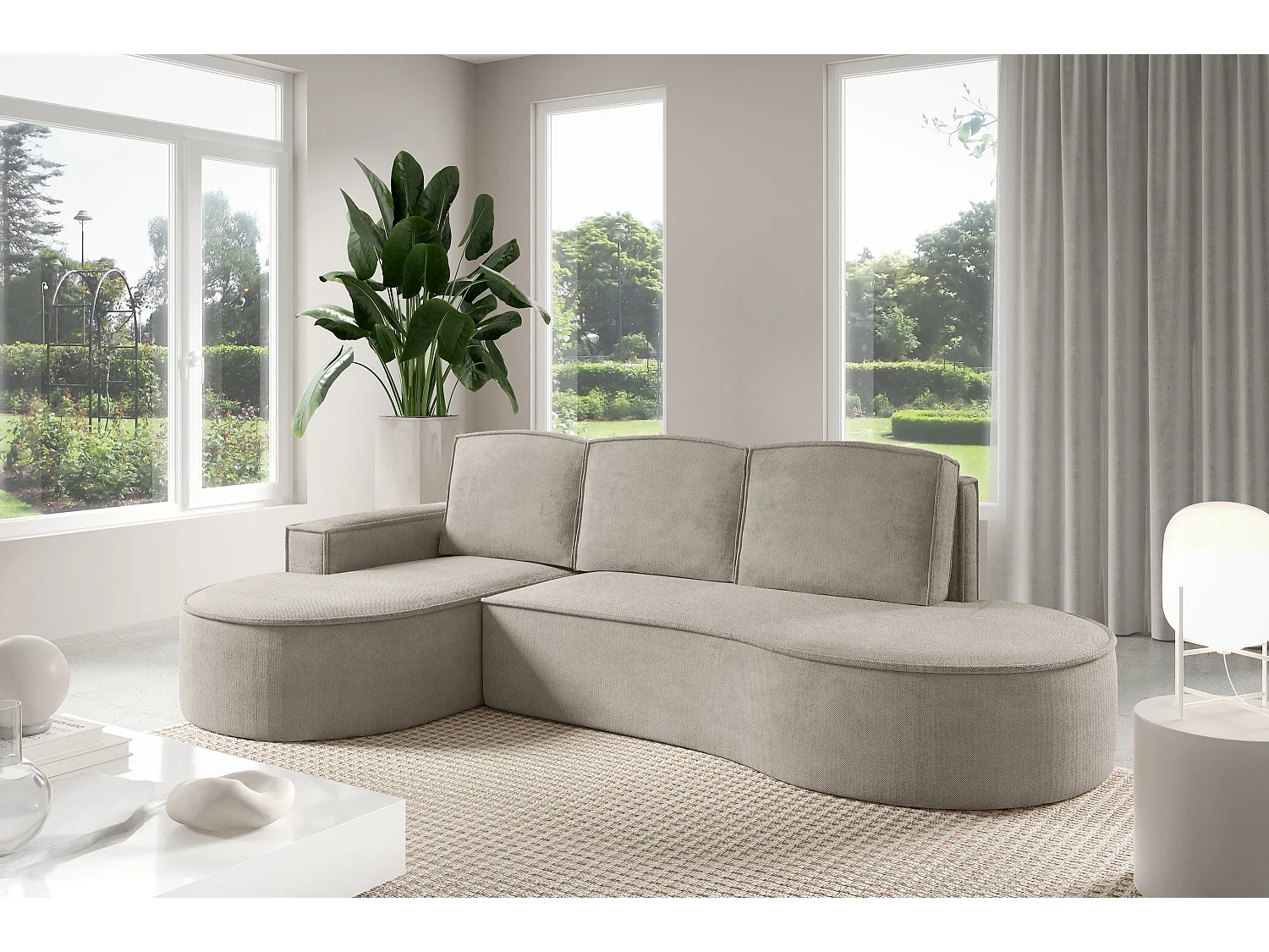 Canapé d'angle MOLLY avec couchage - Design arrondi, autoportant, 140x207 cm, 3 coussins, tissu Abriamo, 277x157x88 cm, côté gauche frêne