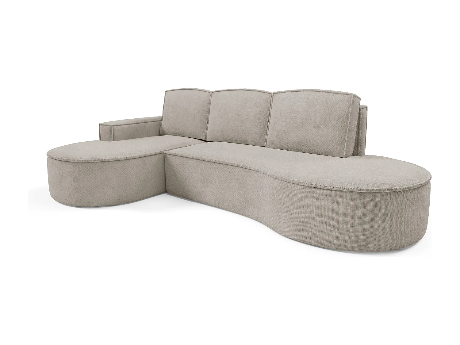 Canapé d'angle MOLLY avec couchage - Design arrondi, autoportant, 140x207 cm, 3 coussins, tissu Abriamo, 277x157x88 cm, côté gauche frêne