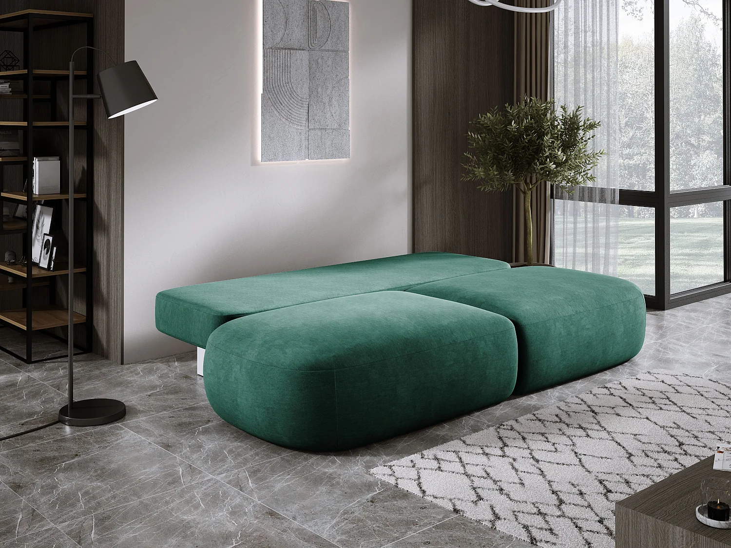 Schlafsofa Moderne  BABU mit Schlaffunktion – 3-Sitzer Sofa mit Bettkasten, DL-Automat, 2 Rückenkissen, 2 Zierkissen, 240x90x90 cm Grün