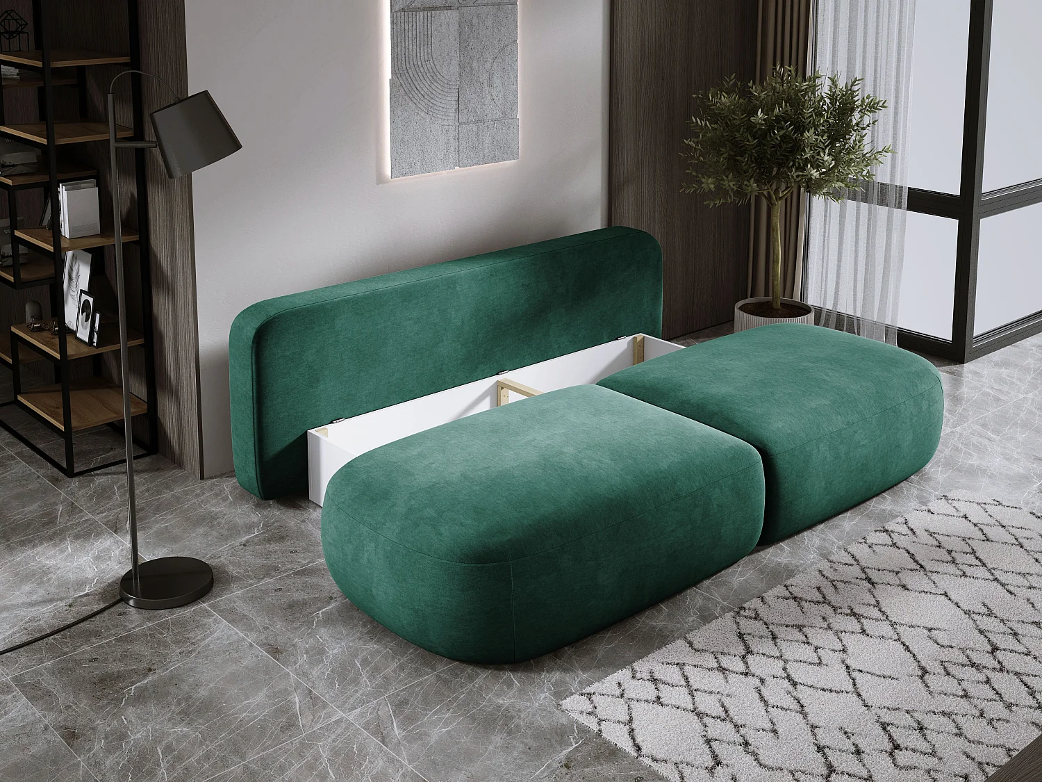 Schlafsofa Moderne  BABU mit Schlaffunktion – 3-Sitzer Sofa mit Bettkasten, DL-Automat, 2 Rückenkissen, 2 Zierkissen, 240x90x90 cm Grün