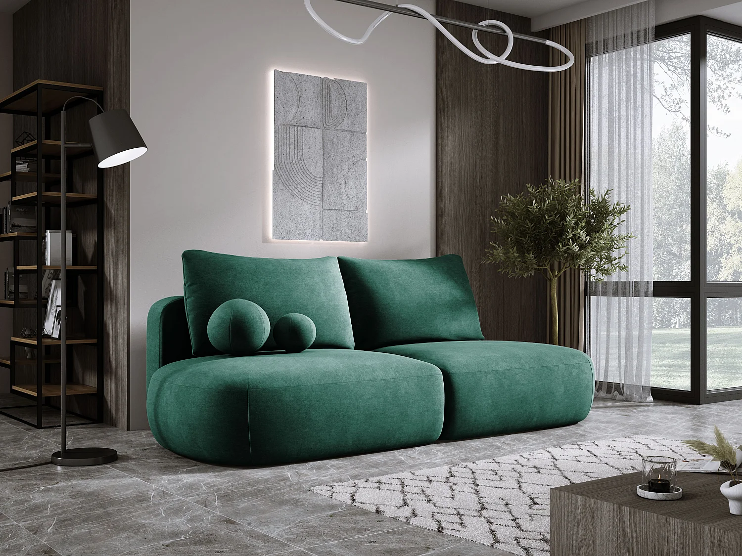 Canapé-lit moderne BABU avec coffre, fonction sommeil, DL-Automat, 2 coussins dossier, 2 coussins déco, 240x90x90 cm Vert