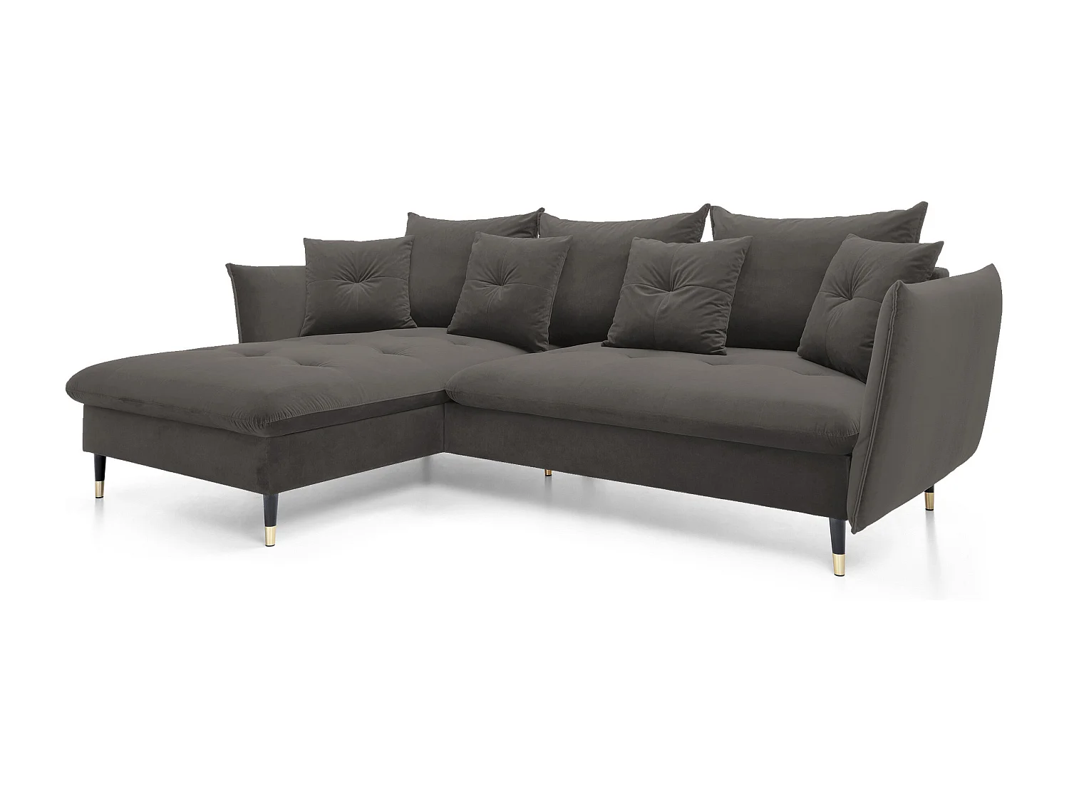 Ecksofa GLAM mit Schlaffunktion, Ottomane & goldenen Füßen – Samtsofa im Glamour-Stil mit Zierkissen, 258x167x91cm, Linke Seite DUNKELGRAU