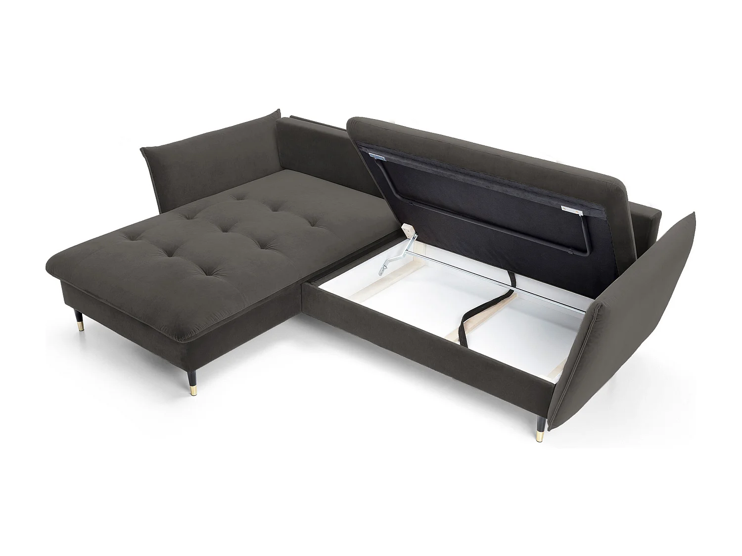 Ecksofa GLAM mit Schlaffunktion, Ottomane & goldenen Füßen – Samtsofa im Glamour-Stil mit Zierkissen, 258x167x91cm, Linke Seite DUNKELGRAU