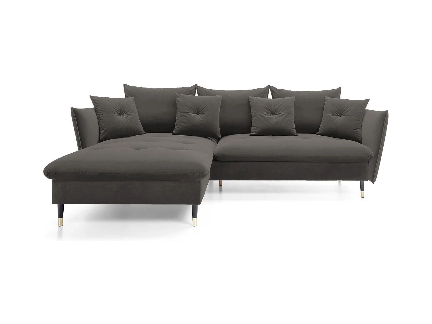 Canapé d'angle GLAM convertible, ottomane & pieds dorés – canapé en velours style glamour avec coussins déco, 258x167x91 cm, côté gauche GRIS FONCÉ