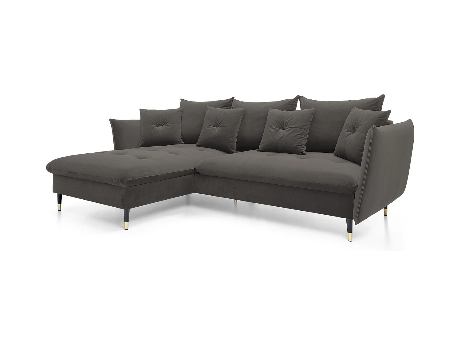 Canapé d'angle GLAM convertible, ottomane & pieds dorés – canapé en velours style glamour avec coussins déco, 258x167x91 cm, côté gauche GRIS FONCÉ
