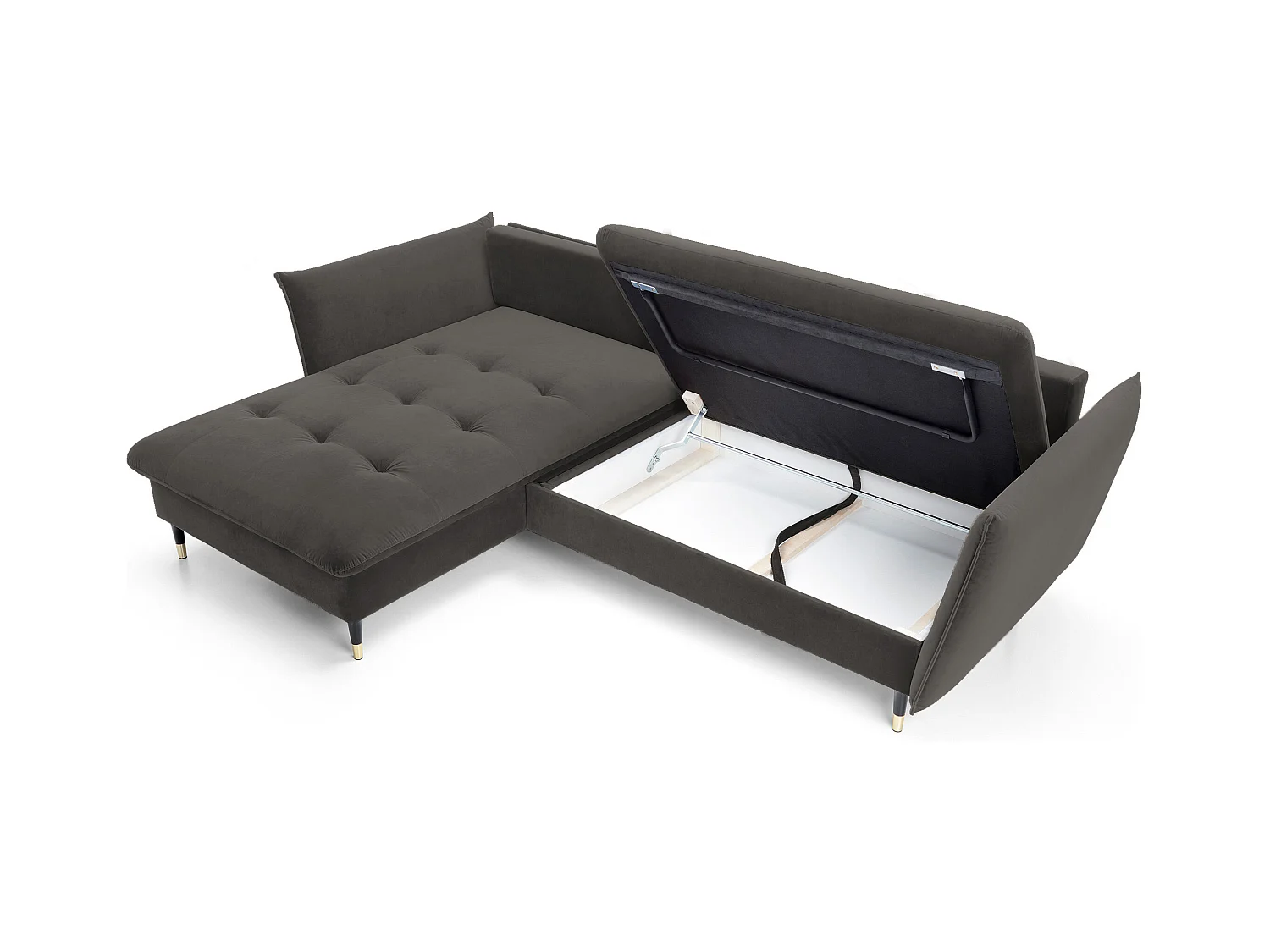 Canapé d'angle GLAM convertible, ottomane & pieds dorés – canapé en velours style glamour avec coussins déco, 258x167x91 cm, côté gauche GRIS FONCÉ