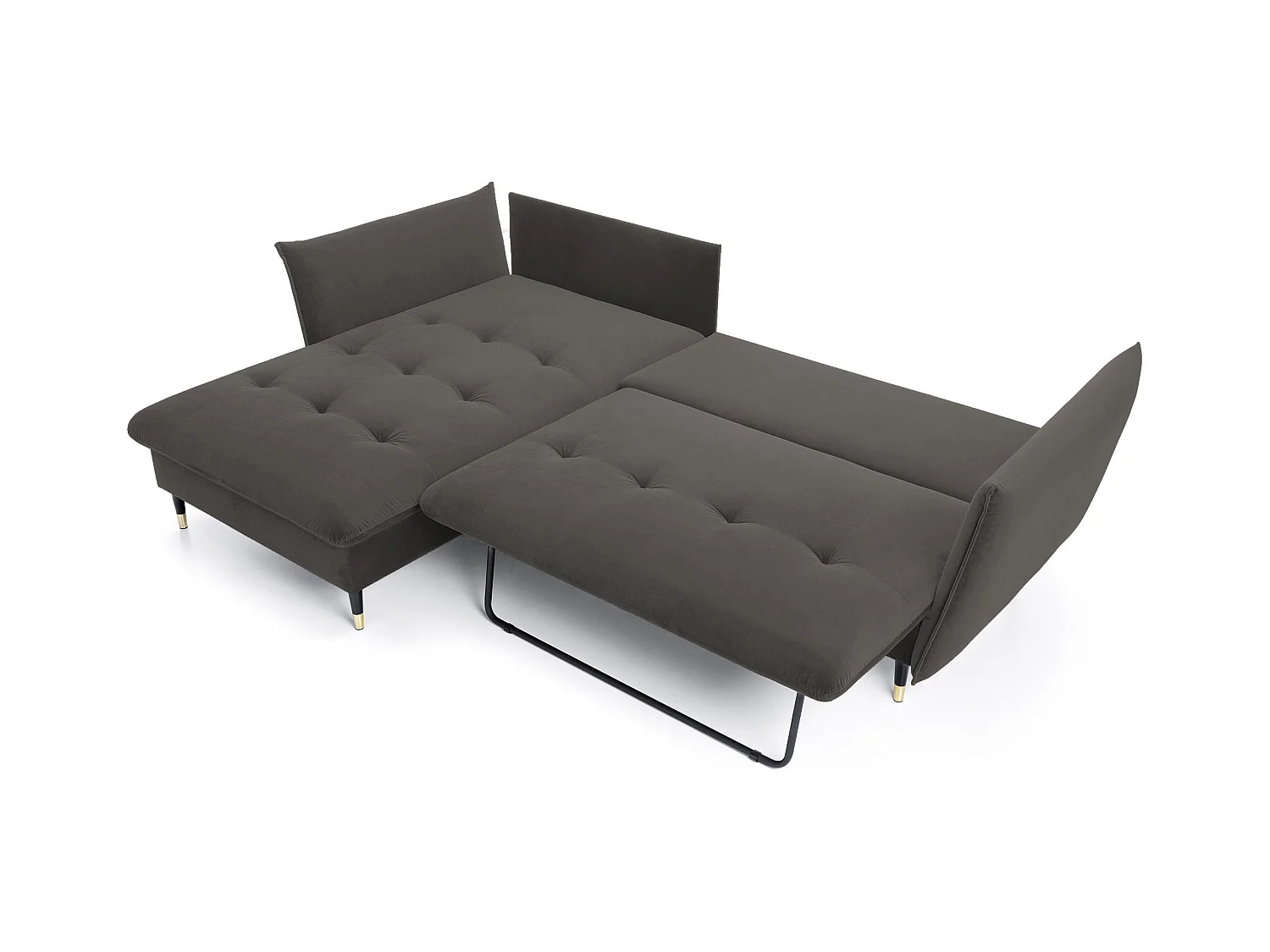 Canapé d'angle GLAM convertible, ottomane & pieds dorés – canapé en velours style glamour avec coussins déco, 258x167x91 cm, côté gauche GRIS FONCÉ