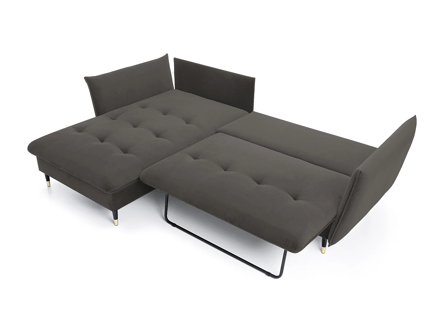 Canapé d'angle GLAM convertible, ottomane & pieds dorés – canapé en velours style glamour avec coussins déco, 258x167x91 cm, côté gauche GRIS FONCÉ