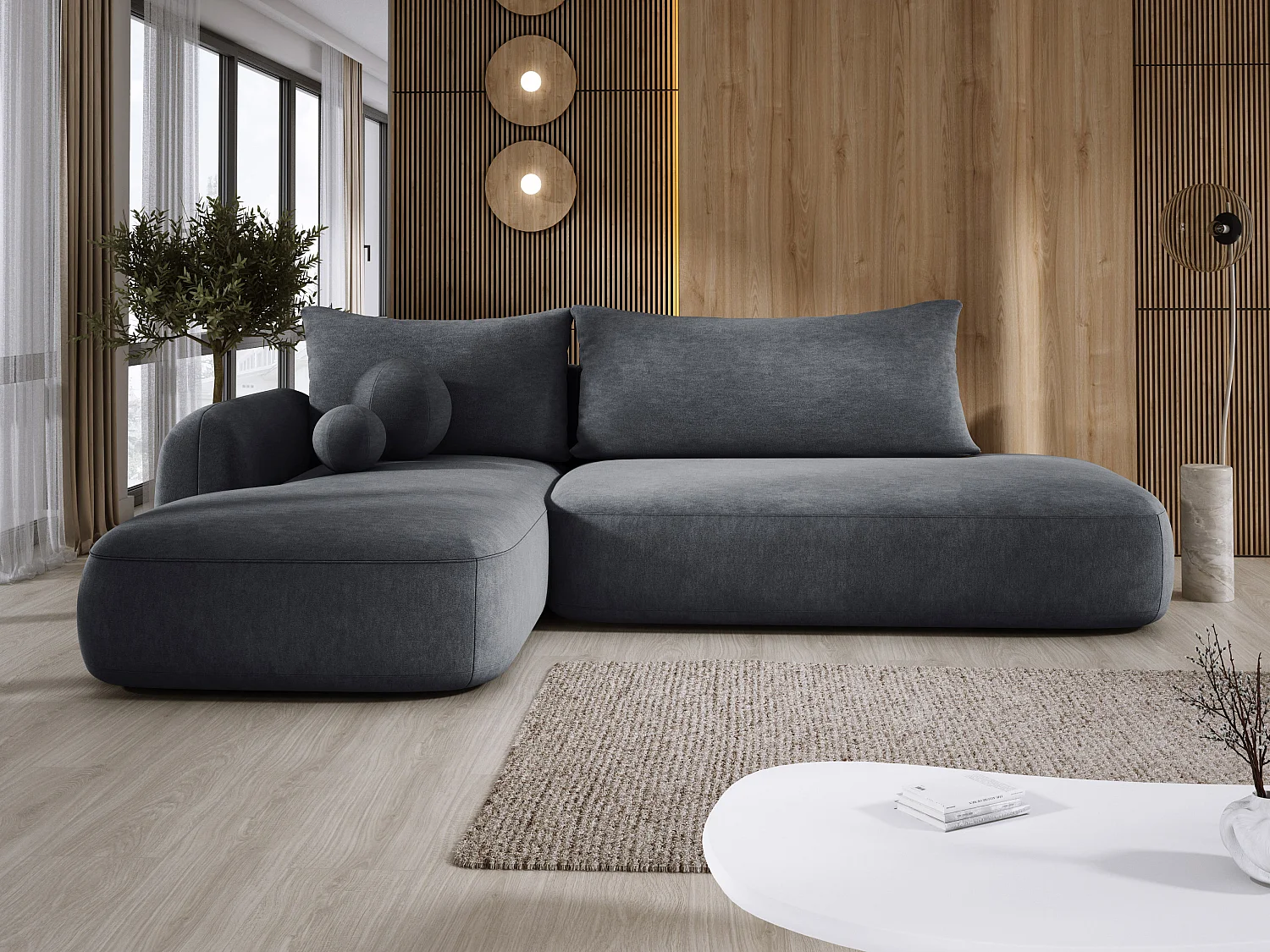 Hoekbank BABU met slaapfunctie – Moderne lounge voor woonkamer, functionele slaapbank in stof CLOUD, 300x105x60cm, linkerzijde, grijs