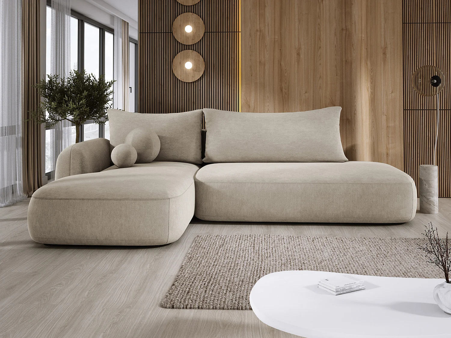 Canapé d'angle BABU avec lit – Sofa convertible moderne CLOUD, 300x105x60cm, côté gauche, Beige