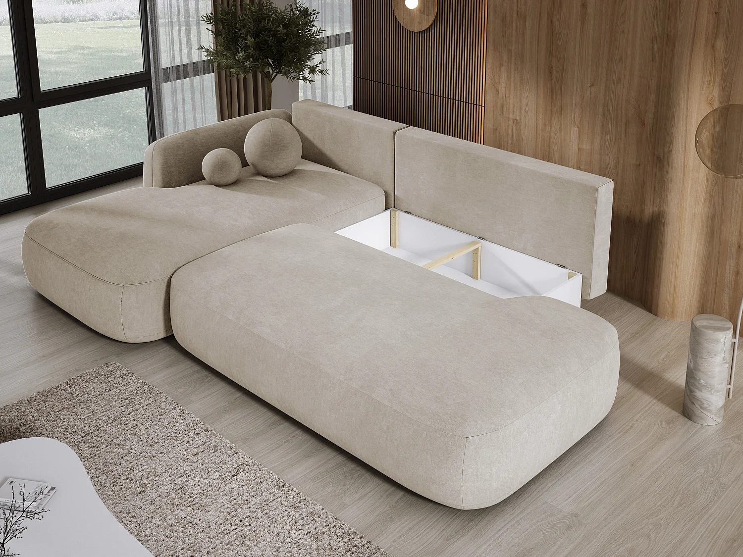 Canapé d'angle BABU avec lit – Sofa convertible moderne CLOUD, 300x105x60cm, côté gauche, Beige