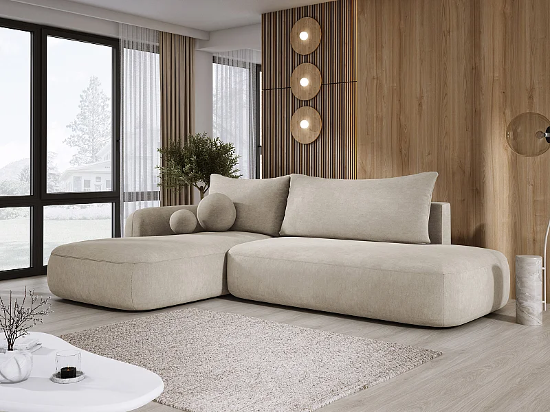 Canapé d'angle BABU avec lit – Sofa convertible moderne CLOUD, 300x105x60cm, côté gauche, Beige