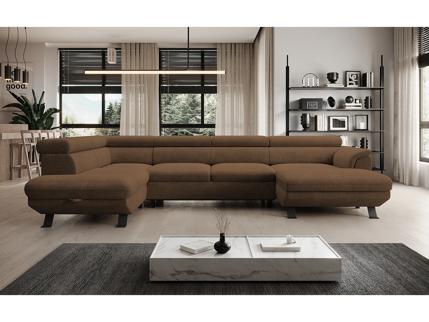 ECKSOFA RAVEN XL Eckcouch mit Schlaffunktion mit Ausziehbett, Verstellbaren Kopfstützen, Bettkasten, Großes Sofa 334x198x162cm Linke Seite Rost