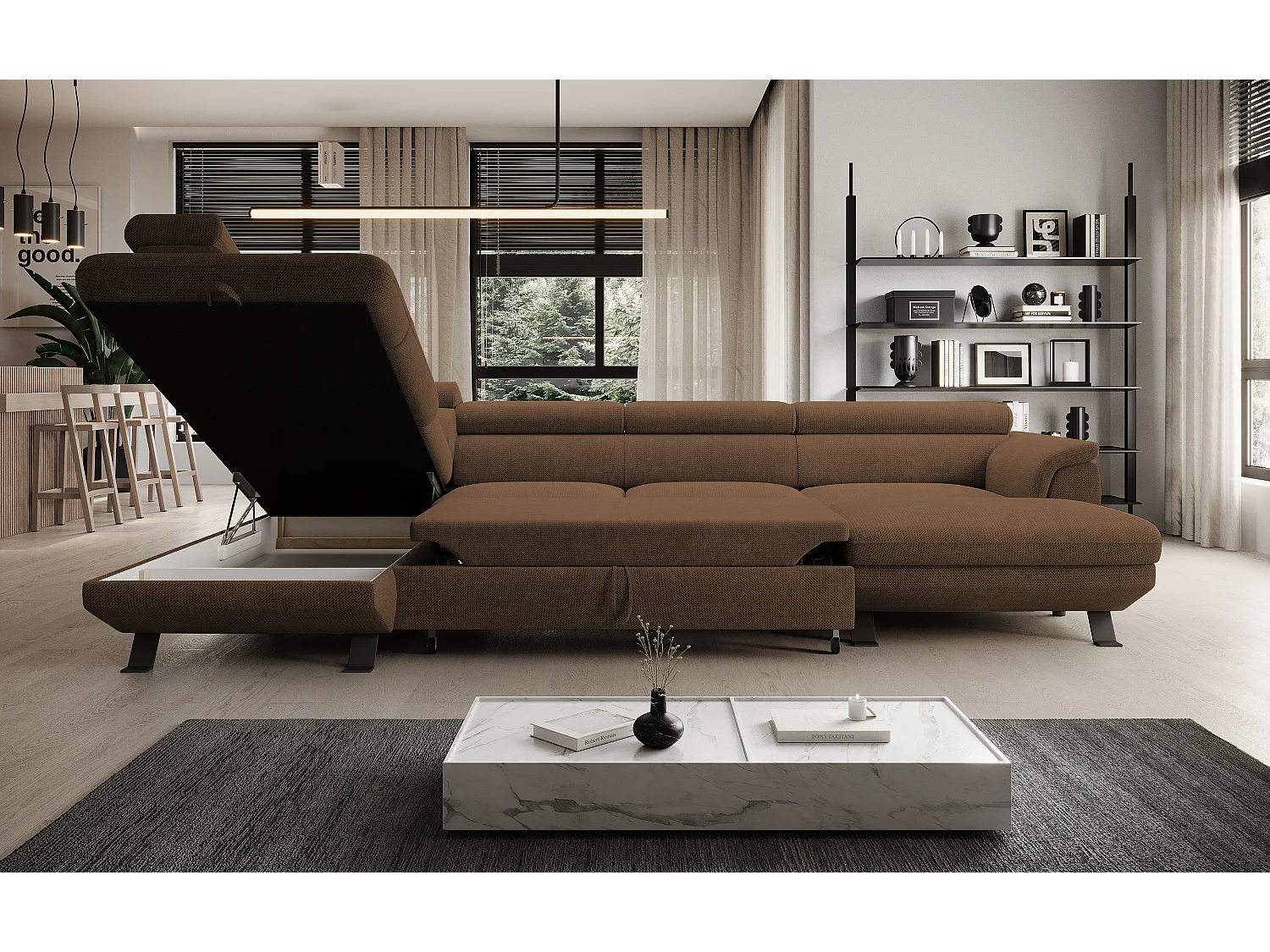 Canapé d'angle RAVEN XL convertible avec tiroir-lit, appuie-têtes réglables, coffre, 334x198x162cm, côté gauche Rouille