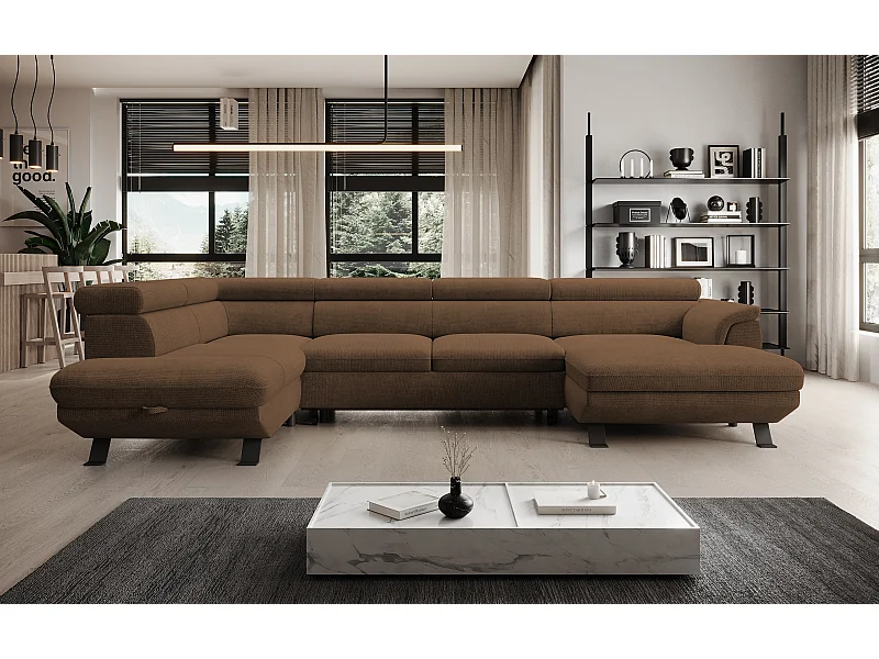 Canapé d'angle RAVEN XL convertible avec tiroir-lit, appuie-têtes réglables, coffre, 334x198x162cm, côté gauche Rouille