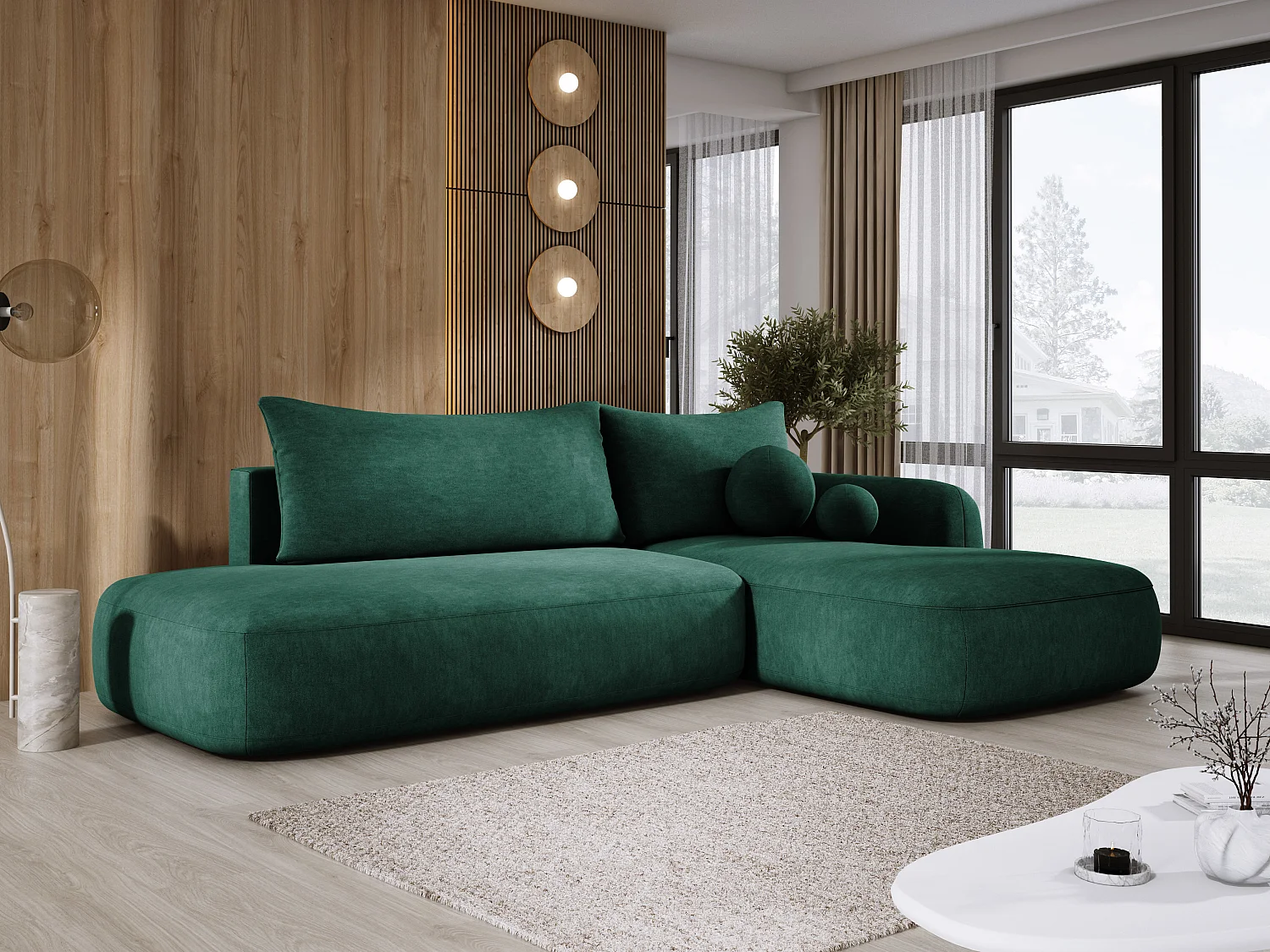 Hoekbank BABU met slaapfunctie – Moderne lounge voor woonkamer, functionele slaapbank in stof CLOUD, 300x105x60cm, rechterzijde, groen