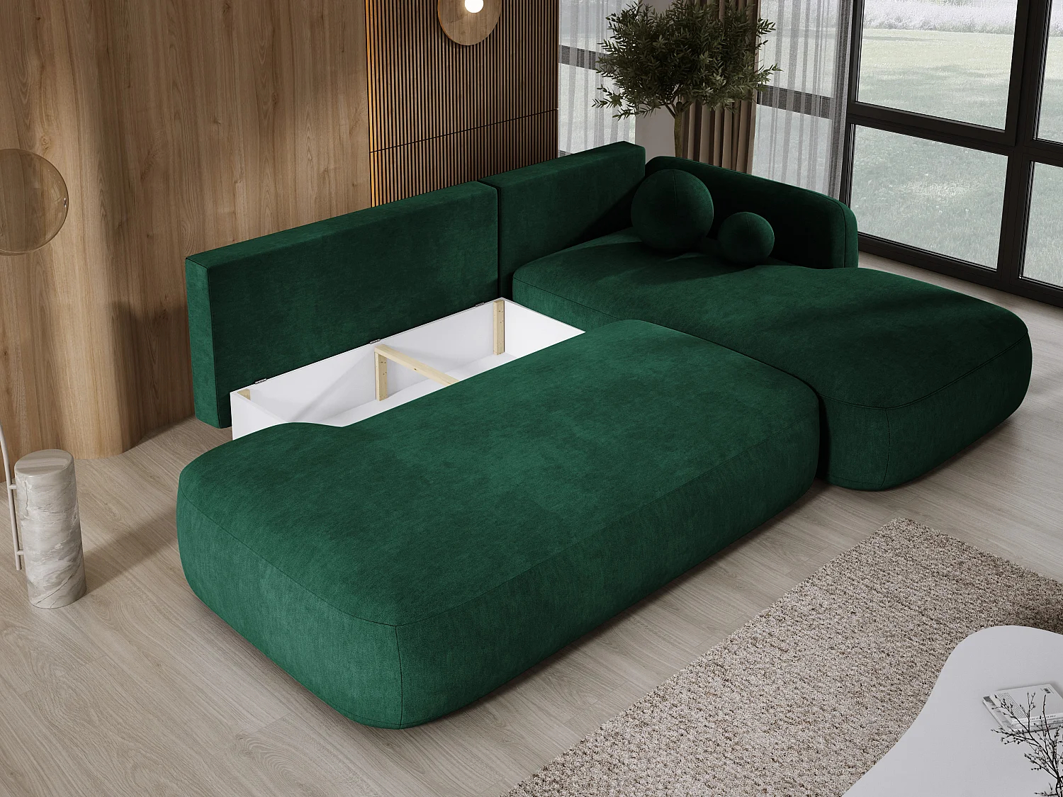 Hoekbank BABU met slaapfunctie – Moderne lounge voor woonkamer, functionele slaapbank in stof CLOUD, 300x105x60cm, rechterzijde, groen