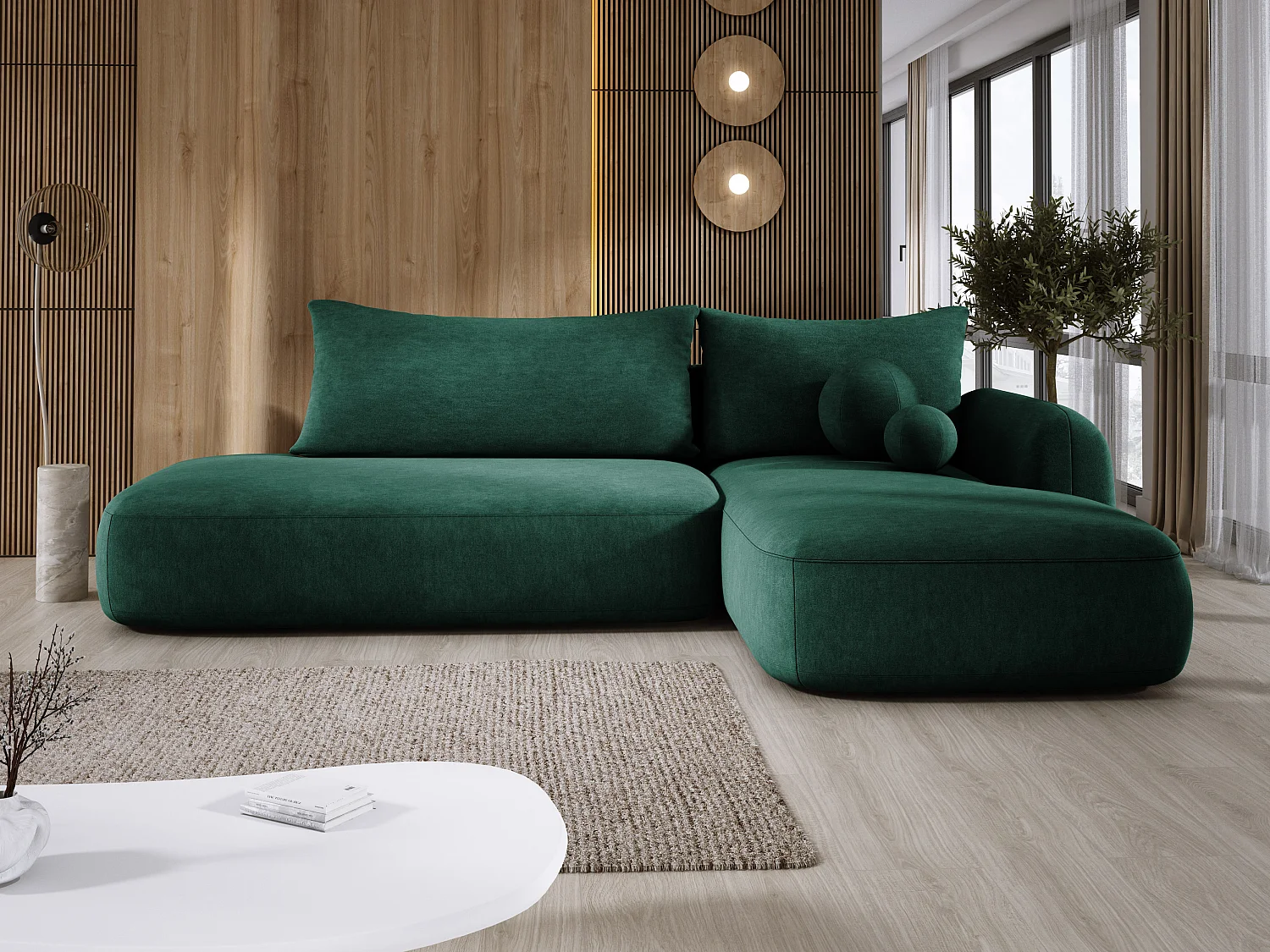 Canapé d'angle BABU avec lit – Sofa convertible moderne CLOUD, 300x105x60cm, côté droit, Vert