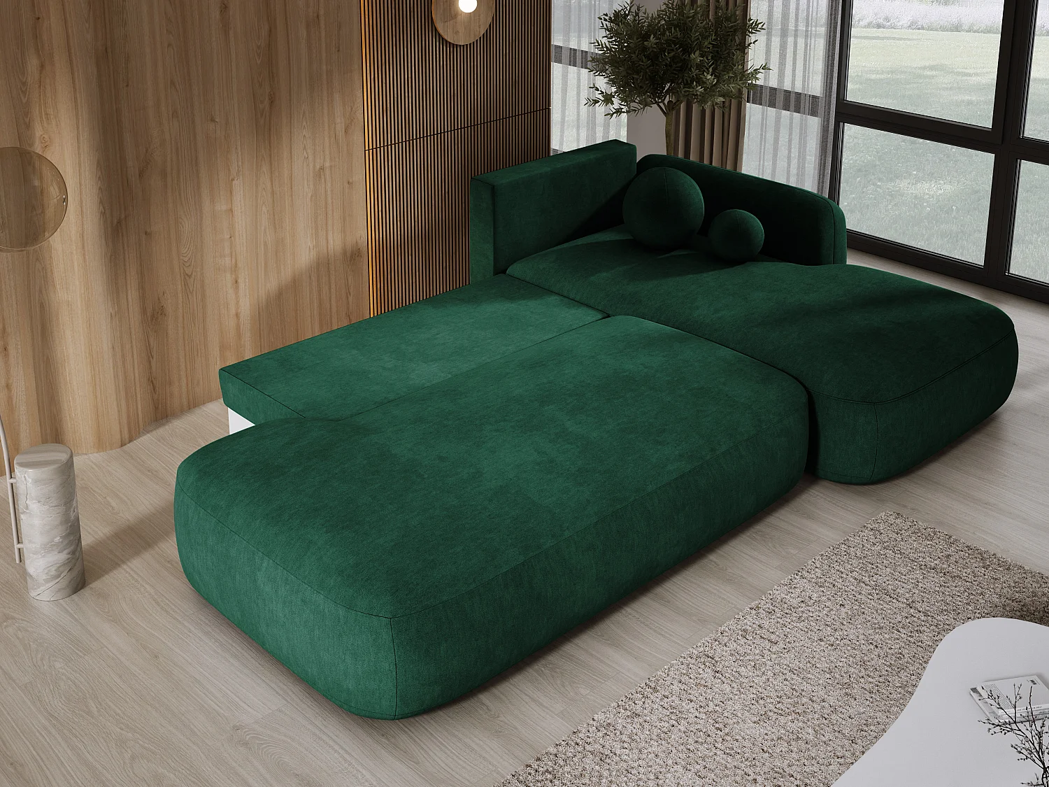 Canapé d'angle BABU avec lit – Sofa convertible moderne CLOUD, 300x105x60cm, côté droit, Vert
