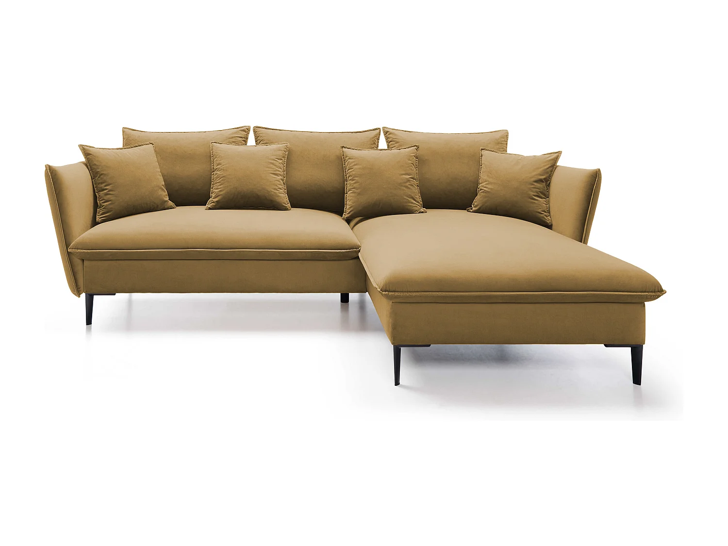 Narożnik GLOSS z funkcją spania, otomana, złote nogi, welur, styl GLOSSour, poduszki, 258x167x91cm, prawa strona fioletowy