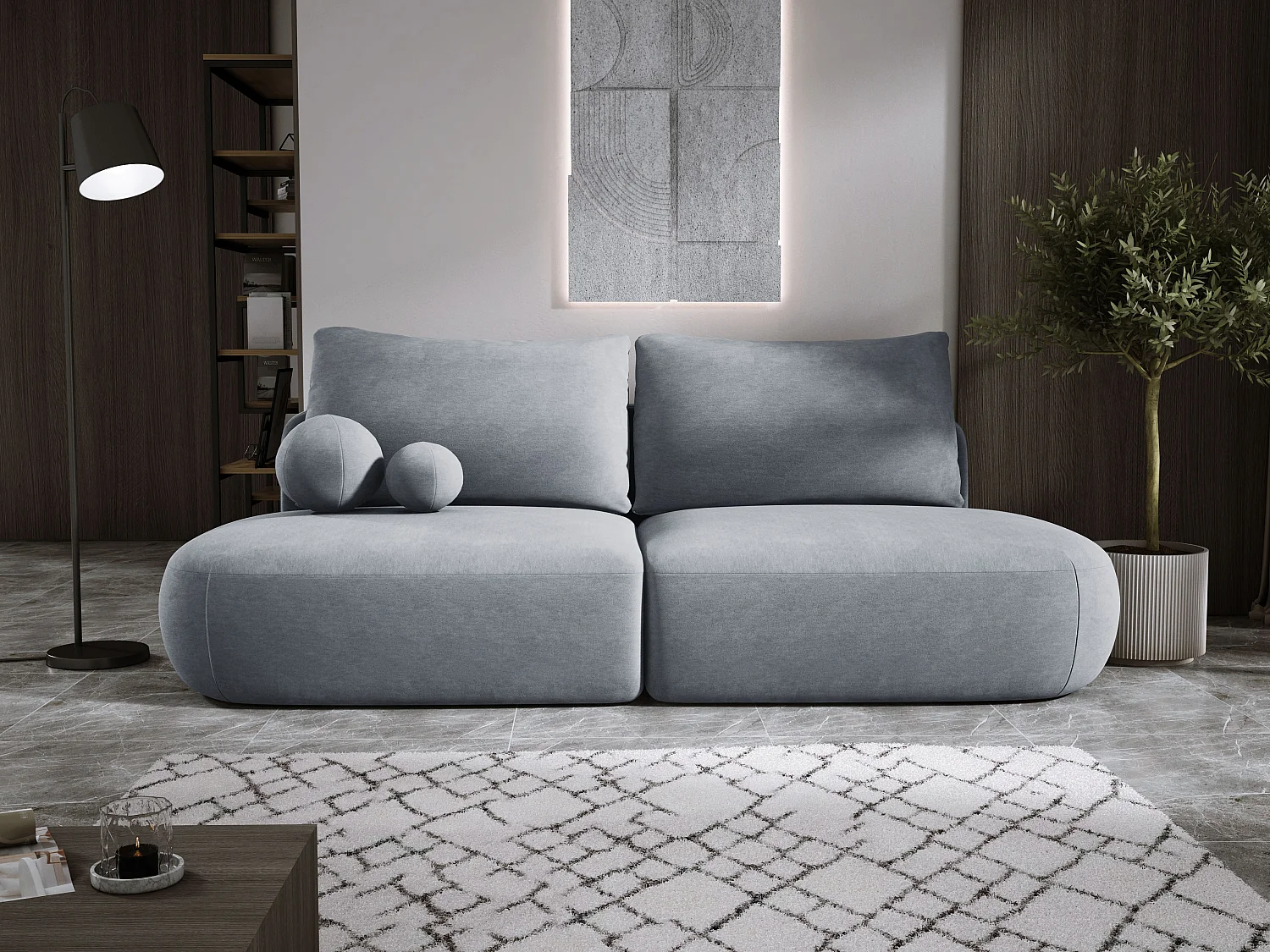 Schlafsofa Moderne  BABU mit Schlaffunktion – 3-Sitzer Sofa mit Bettkasten, DL-Automat, 2 Rückenkissen, 2 Zierkissen, 240x90x90 cm Esche