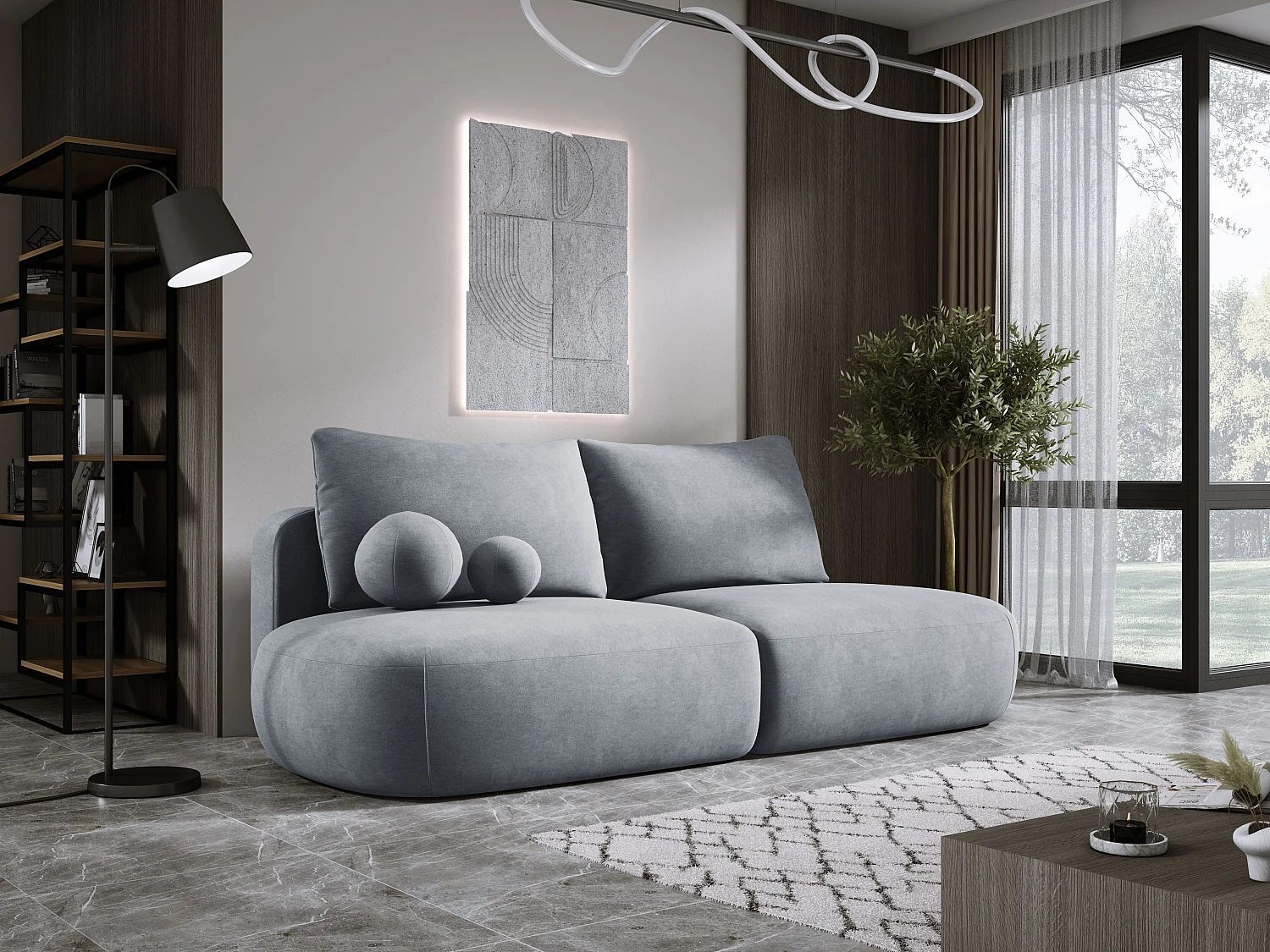 Schlafsofa Moderne  BABU mit Schlaffunktion – 3-Sitzer Sofa mit Bettkasten, DL-Automat, 2 Rückenkissen, 2 Zierkissen, 240x90x90 cm Esche