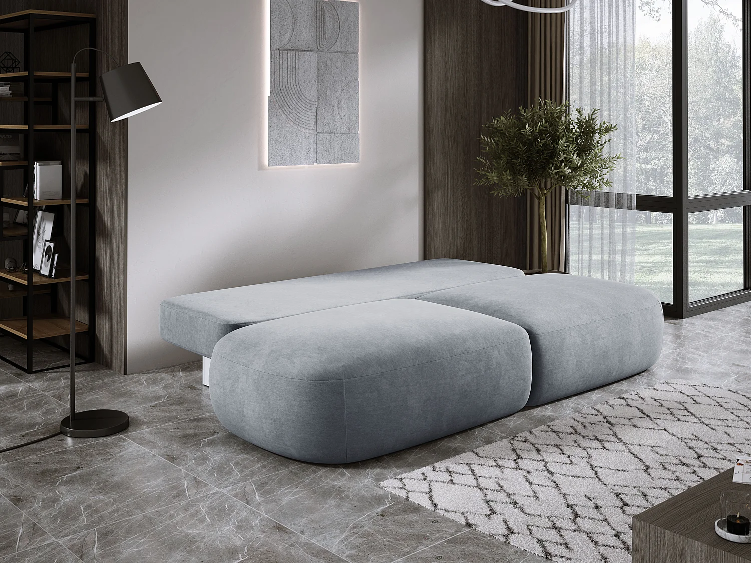 Schlafsofa Moderne  BABU mit Schlaffunktion – 3-Sitzer Sofa mit Bettkasten, DL-Automat, 2 Rückenkissen, 2 Zierkissen, 240x90x90 cm Esche