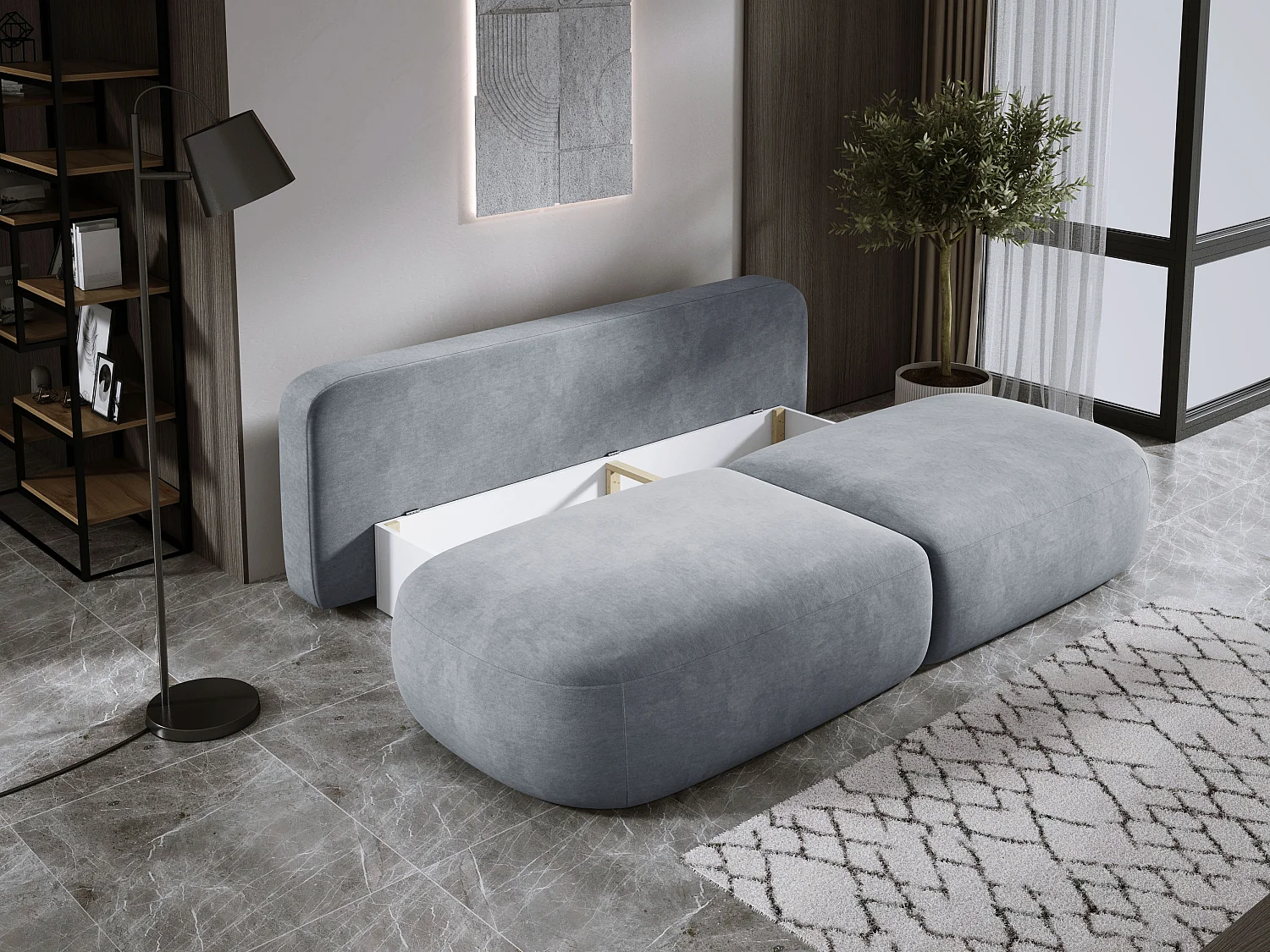 Schlafsofa Moderne  BABU mit Schlaffunktion – 3-Sitzer Sofa mit Bettkasten, DL-Automat, 2 Rückenkissen, 2 Zierkissen, 240x90x90 cm Esche