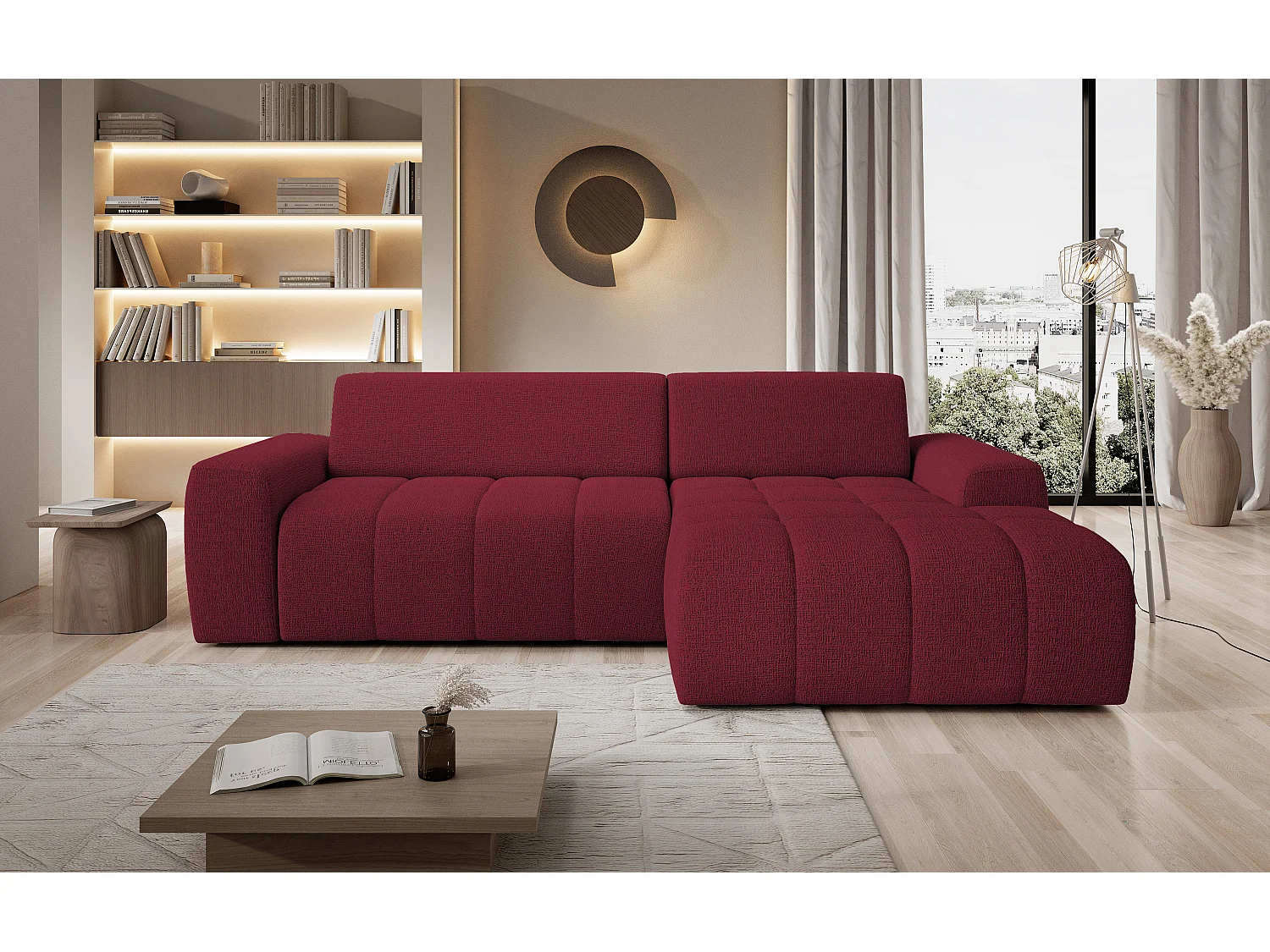 Canapé d'angle Savio indépendant, tissu Kansas résistant, dim. 265x172x81cm, couchage 206x92cm, côté droit, cerisier