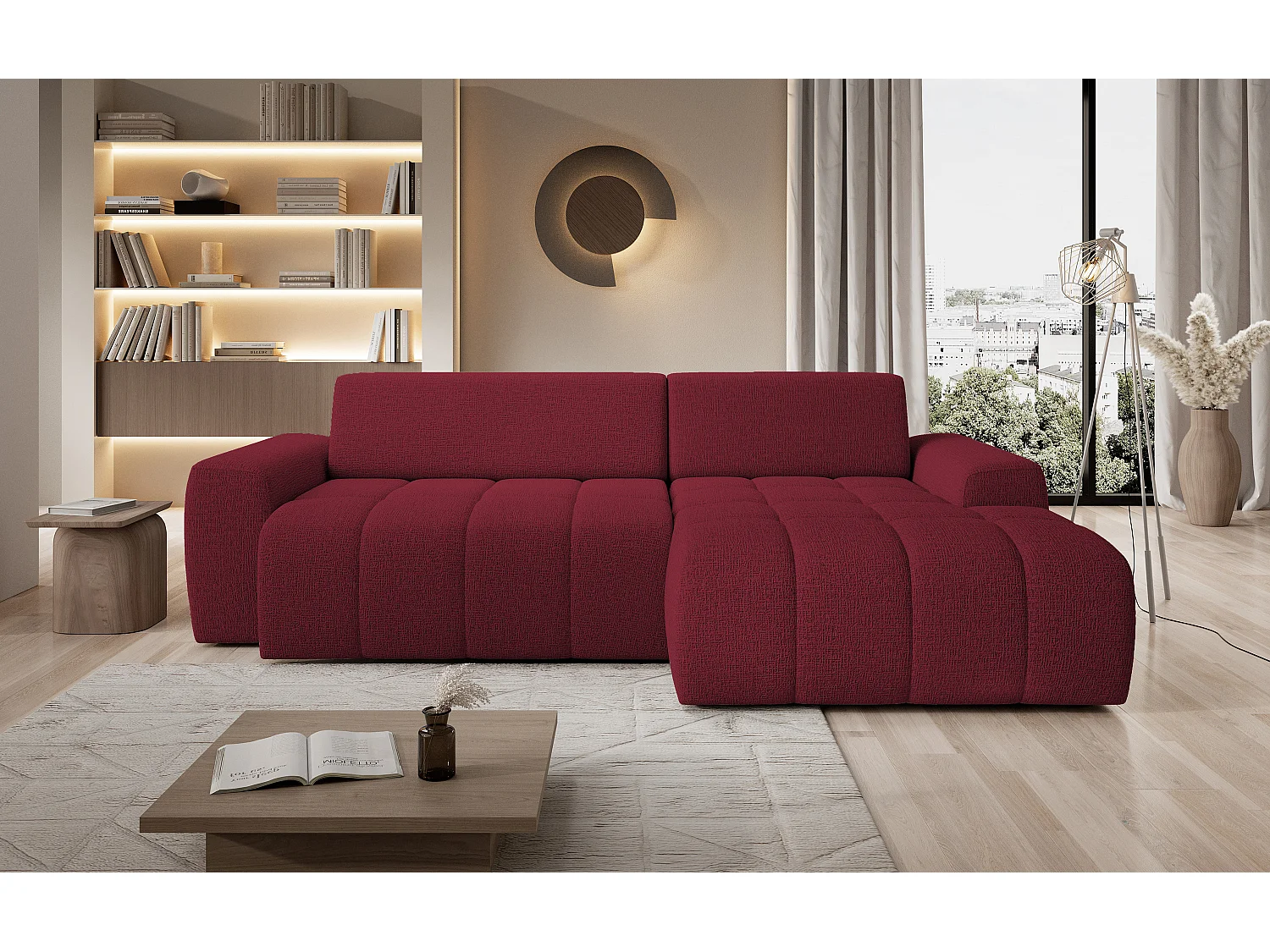Canapé d'angle Savio indépendant, tissu Kansas résistant, dim. 265x172x81cm, couchage 206x92cm, côté droit, cerisier