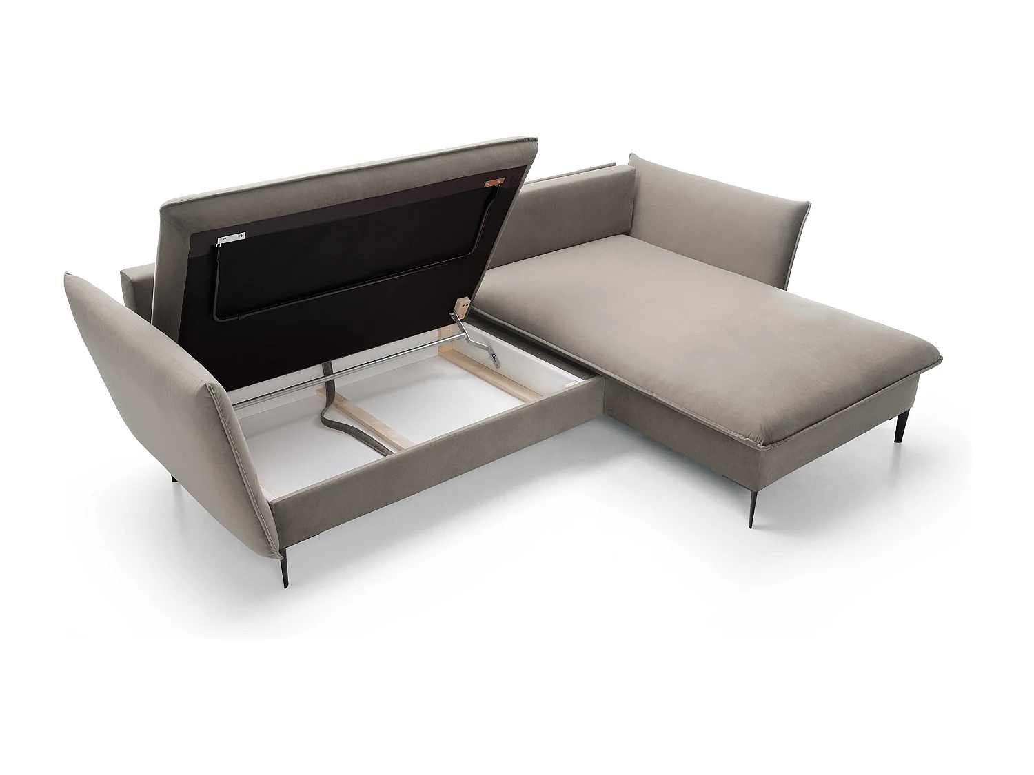 Ecksofa GLOSS mit Schlaffunktion, Ottomane & goldenen Füßen – Samtsofa im GLOSSour-Stil mit Zierkissen, 258x167x91cm, Rechte Seite GRÜN