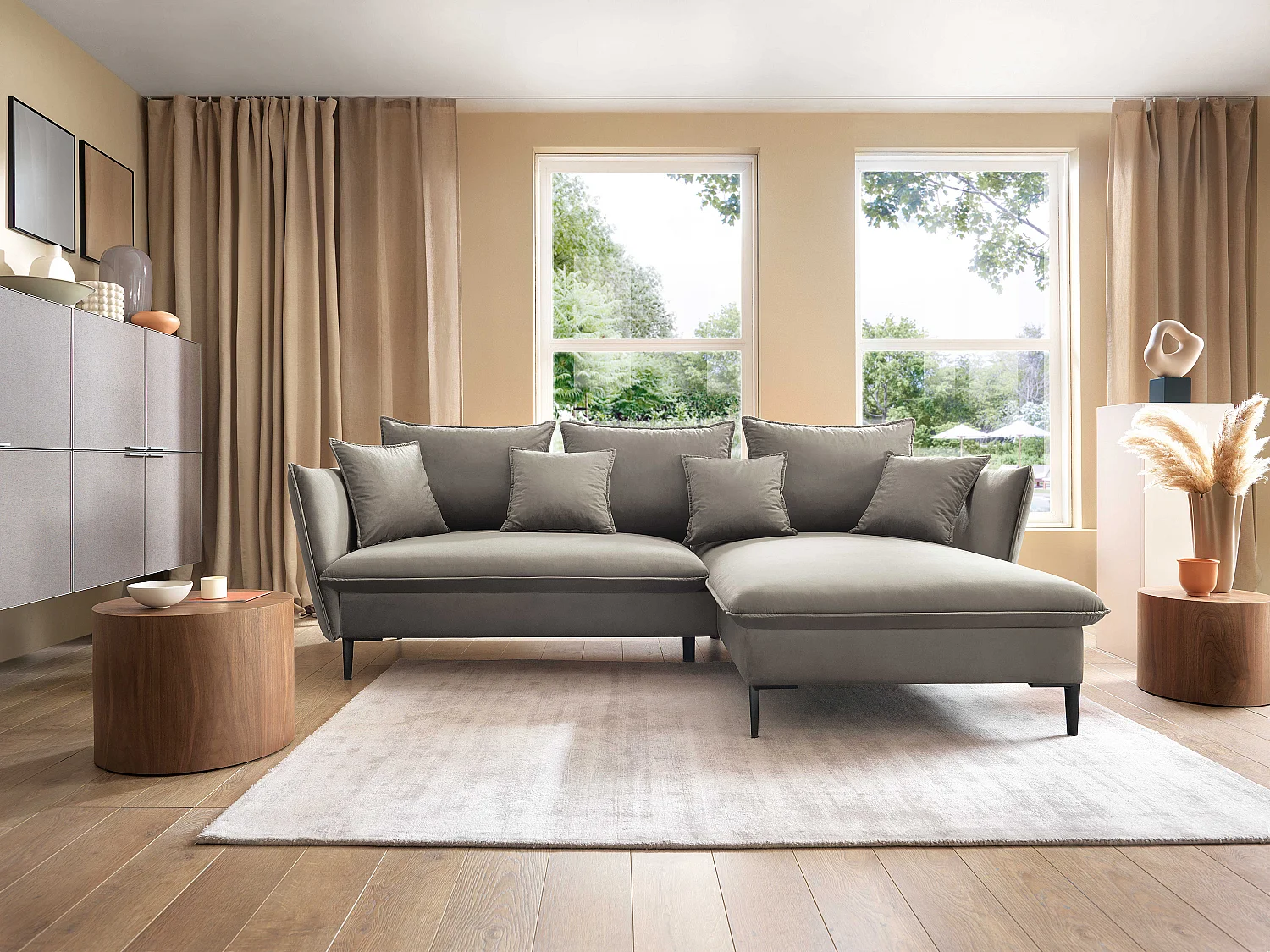 Canapé d'angle GLOSS convertible, ottomane & pieds dorés – canapé en velours style GLOSSour avec coussins déco, 258x167x91 cm, côté droit VERT