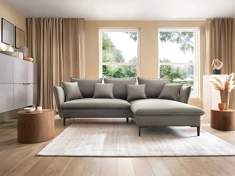 Canapé d'angle GLOSS convertible, ottomane & pieds dorés – canapé en velours style GLOSSour avec coussins déco, 258x167x91 cm, côté droit VERT