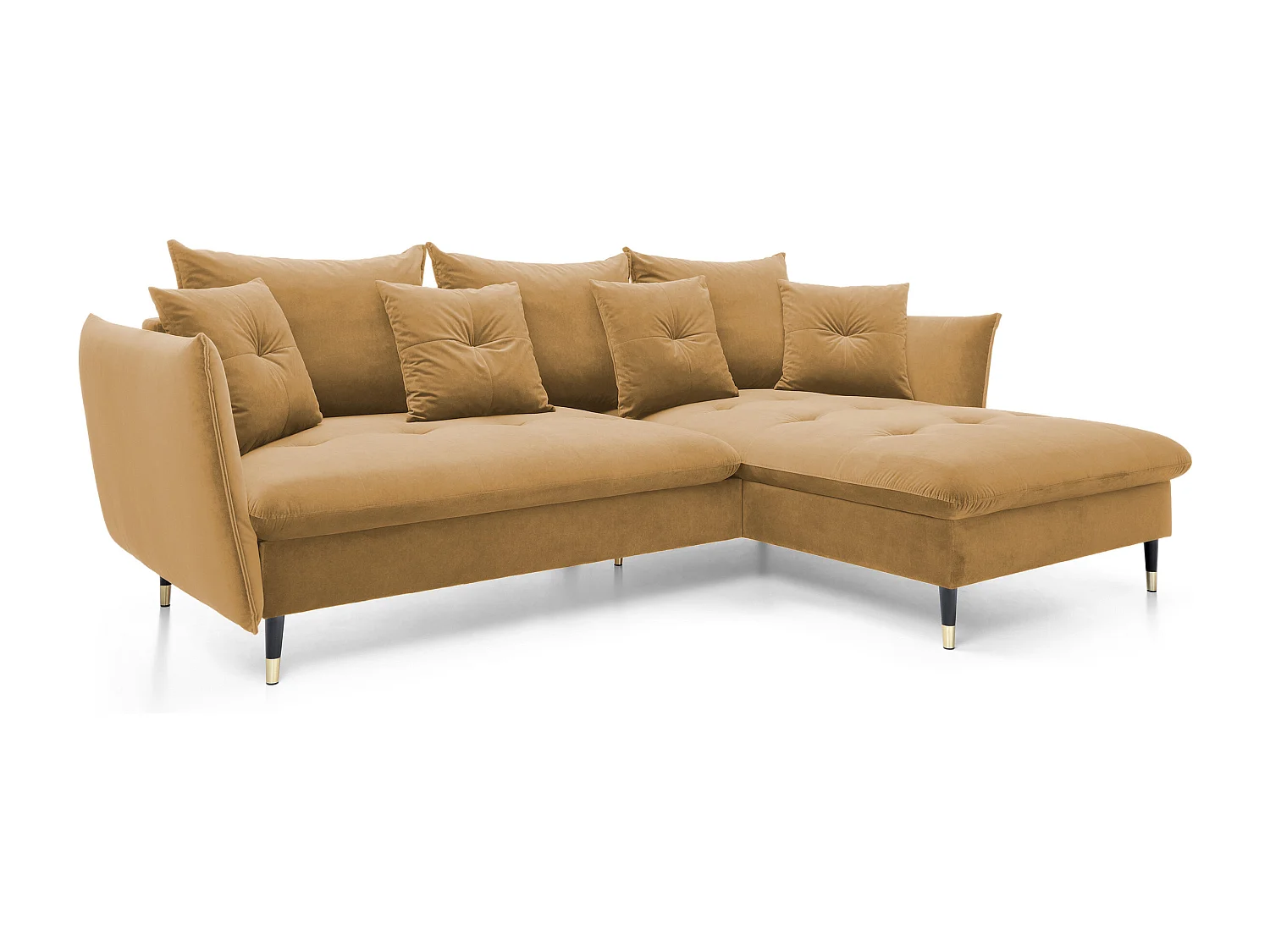 Canapé d'angle GLAM convertible, ottomane & pieds dorés – canapé en velours style glamour avec coussins déco, 258x167x91 cm, côté droit PLATINE