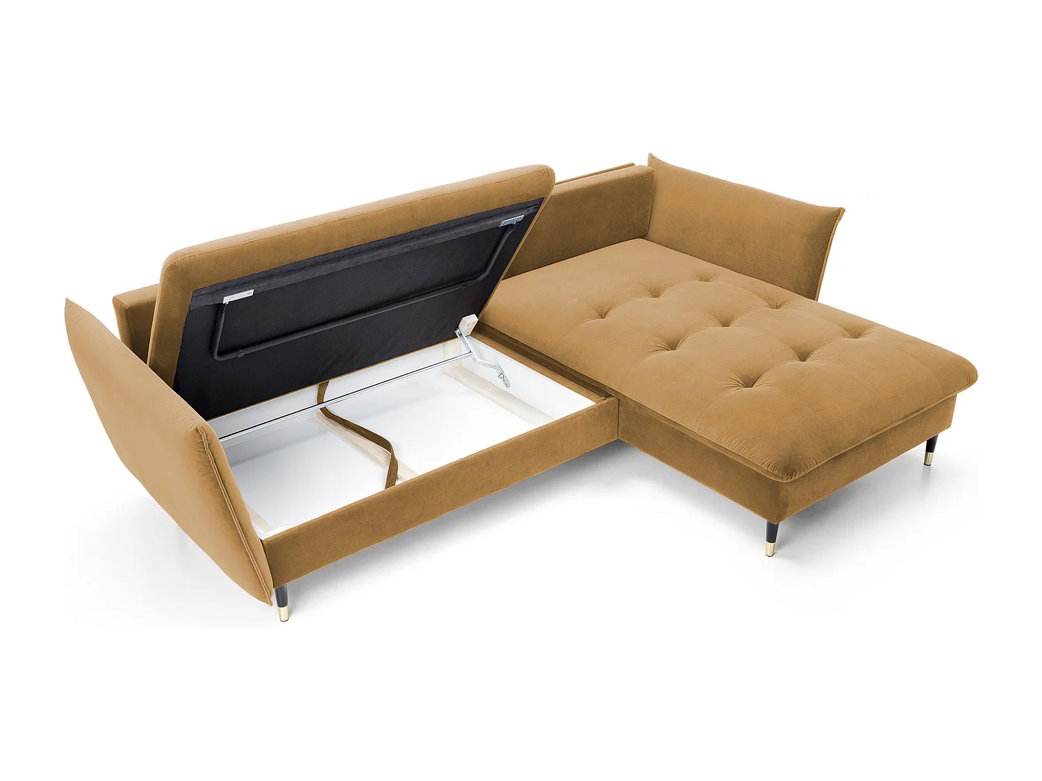 Canapé d'angle GLAM convertible, ottomane & pieds dorés – canapé en velours style glamour avec coussins déco, 258x167x91 cm, côté droit PLATINE