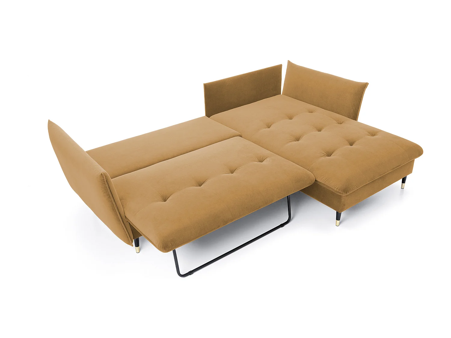 Canapé d'angle GLAM convertible, ottomane & pieds dorés – canapé en velours style glamour avec coussins déco, 258x167x91 cm, côté droit PLATINE