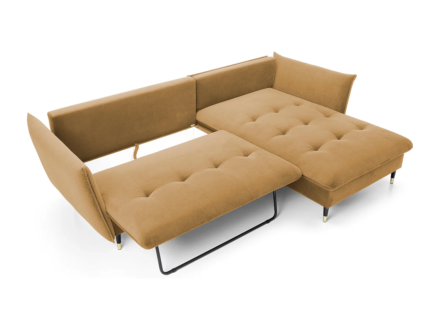 Canapé d'angle GLAM convertible, ottomane & pieds dorés – canapé en velours style glamour avec coussins déco, 258x167x91 cm, côté droit PLATINE