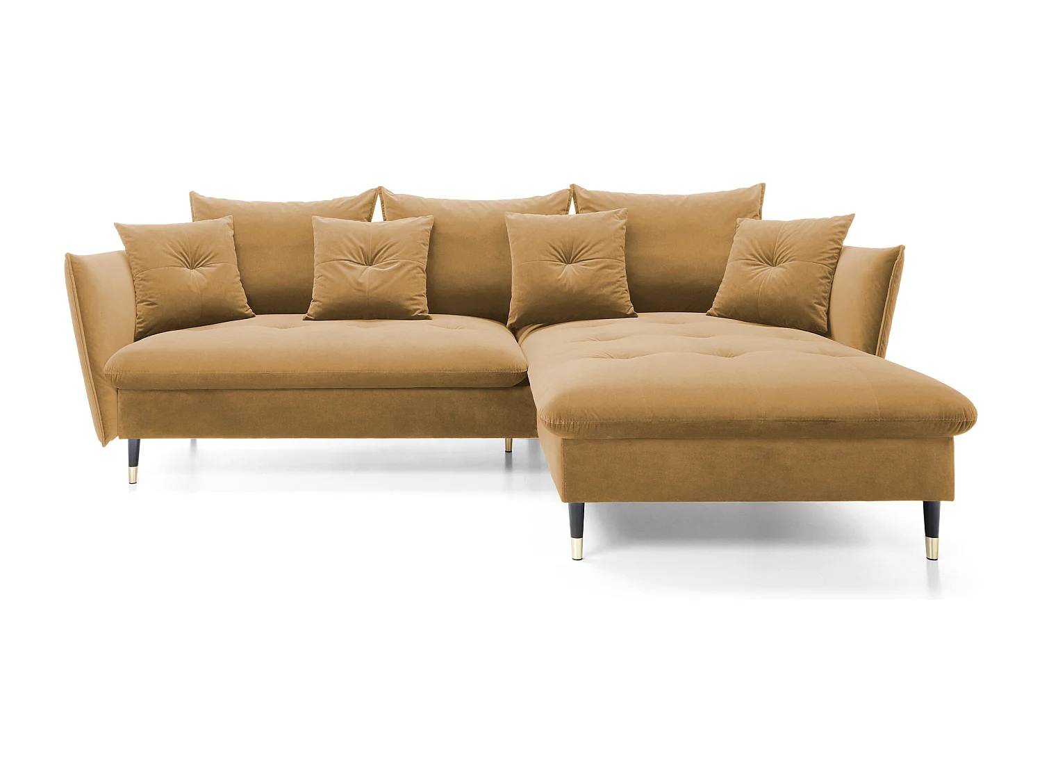 Canapé d'angle GLAM convertible, ottomane & pieds dorés – canapé en velours style glamour avec coussins déco, 258x167x91 cm, côté droit PLATINE