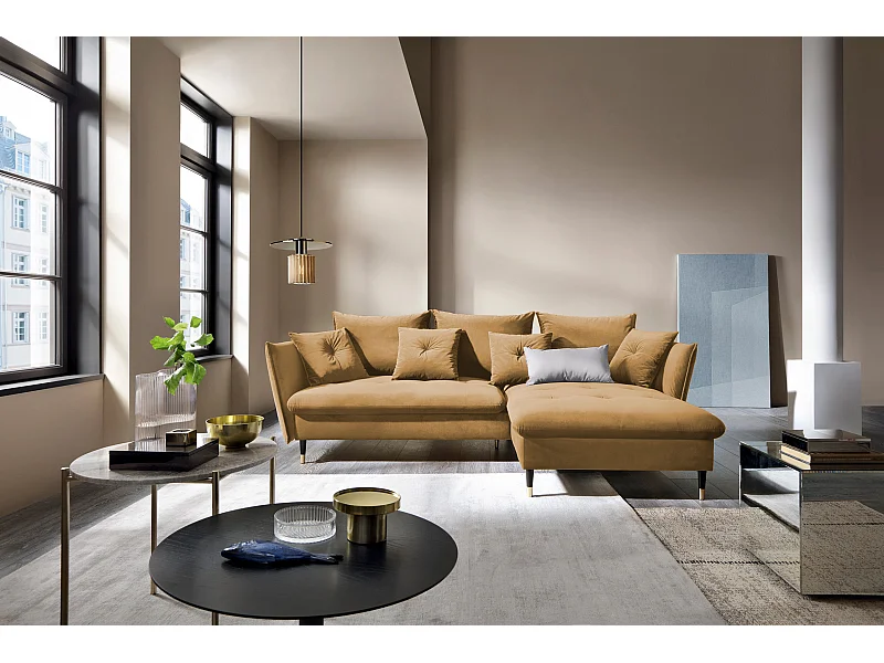 Canapé d'angle GLAM convertible, ottomane & pieds dorés – canapé en velours style glamour avec coussins déco, 258x167x91 cm, côté droit PLATINE