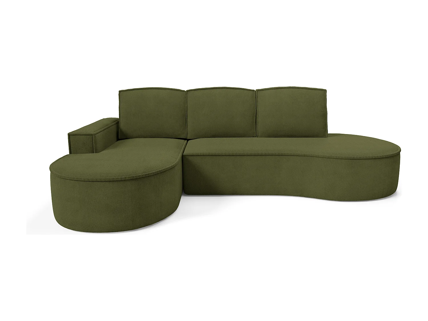 Canapé d'angle MOLLY avec couchage - Design arrondi, autoportant, 140x207 cm, 3 coussins, tissu Abriamo, 277x157x88 cm, côté gauche vert