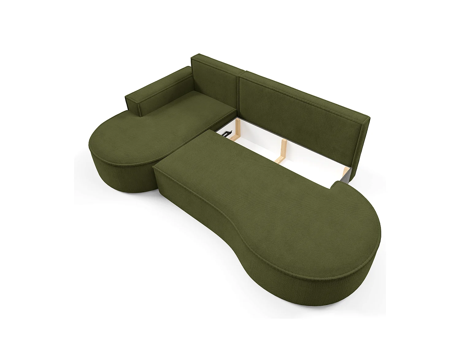 Canapé d'angle MOLLY avec couchage - Design arrondi, autoportant, 140x207 cm, 3 coussins, tissu Abriamo, 277x157x88 cm, côté gauche vert
