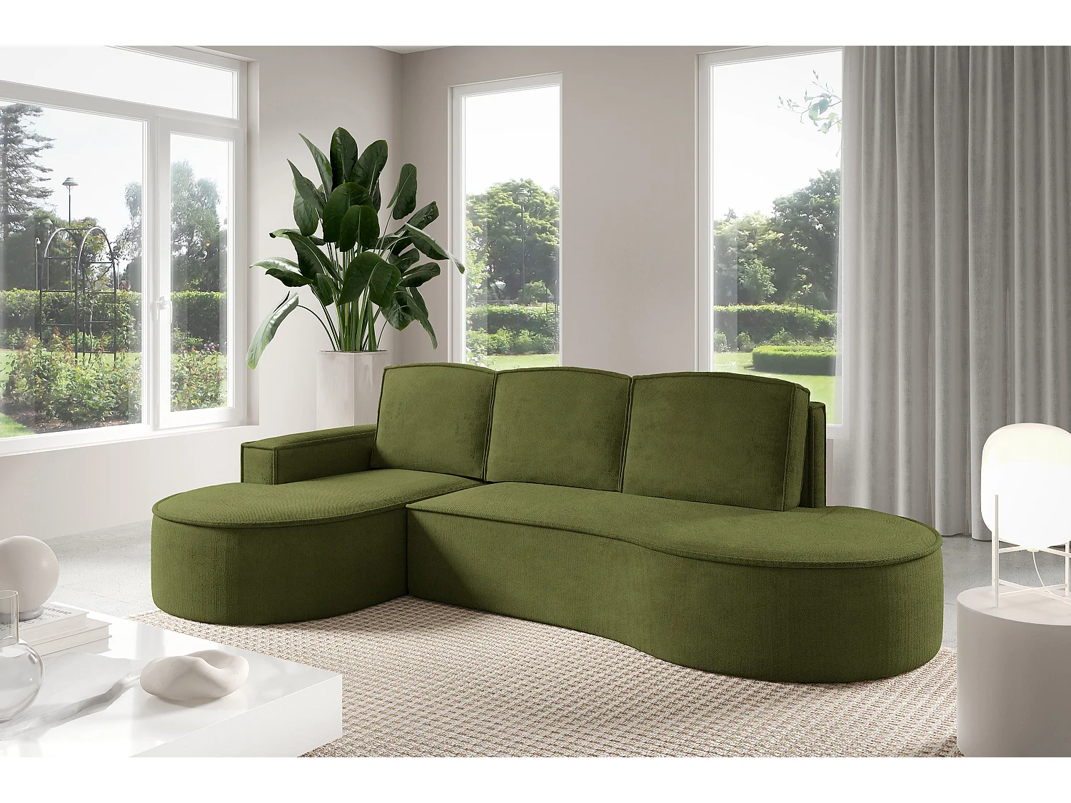 Canapé d'angle MOLLY avec couchage - Design arrondi, autoportant, 140x207 cm, 3 coussins, tissu Abriamo, 277x157x88 cm, côté gauche vert