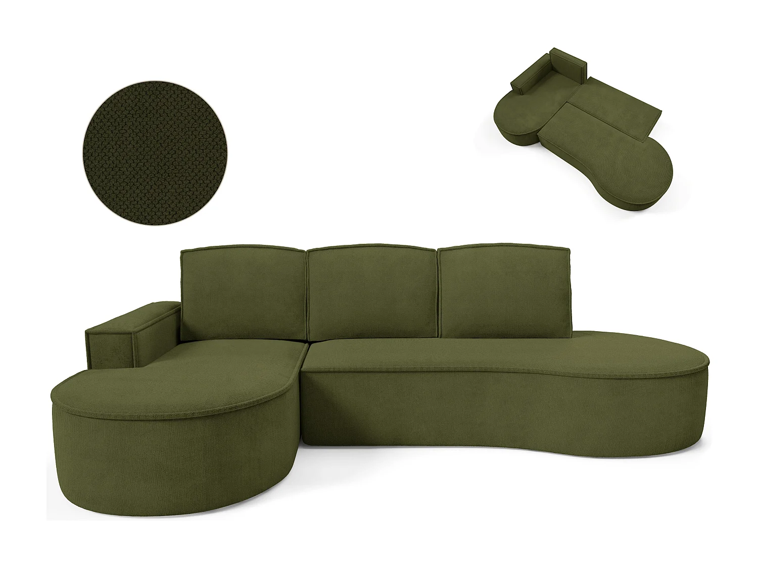Canapé d'angle MOLLY avec couchage - Design arrondi, autoportant, 140x207 cm, 3 coussins, tissu Abriamo, 277x157x88 cm, côté gauche vert