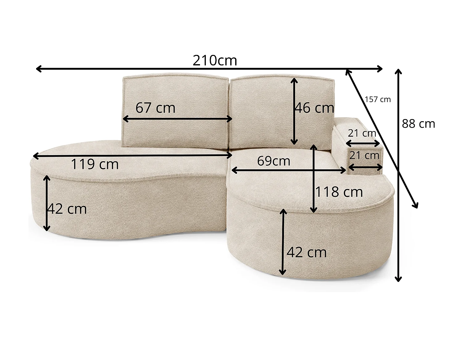 Canapé d'angle MOLLY – Semi-circulaire, Abriamo-Bouclé, Coussins libres, Revêtement bouclé, 210x157x88 cm, Gauche Blanc