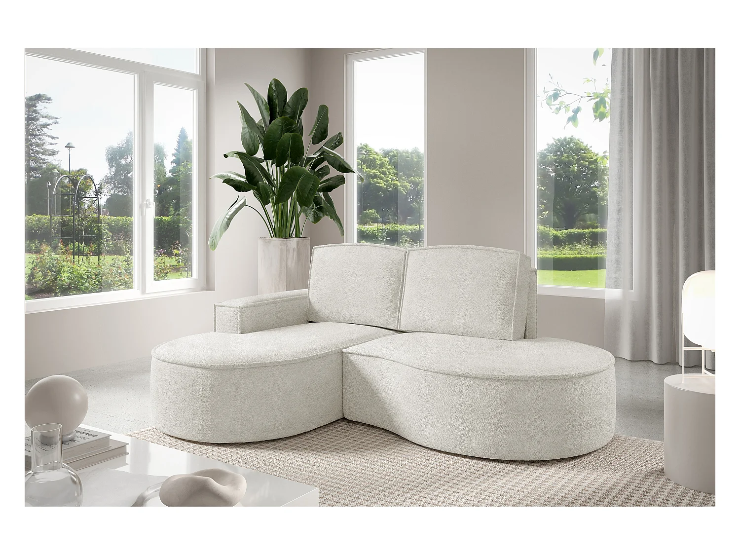 Canapé d'angle MOLLY – Semi-circulaire, Abriamo-Bouclé, Coussins libres, Revêtement bouclé, 210x157x88 cm, Gauche Blanc