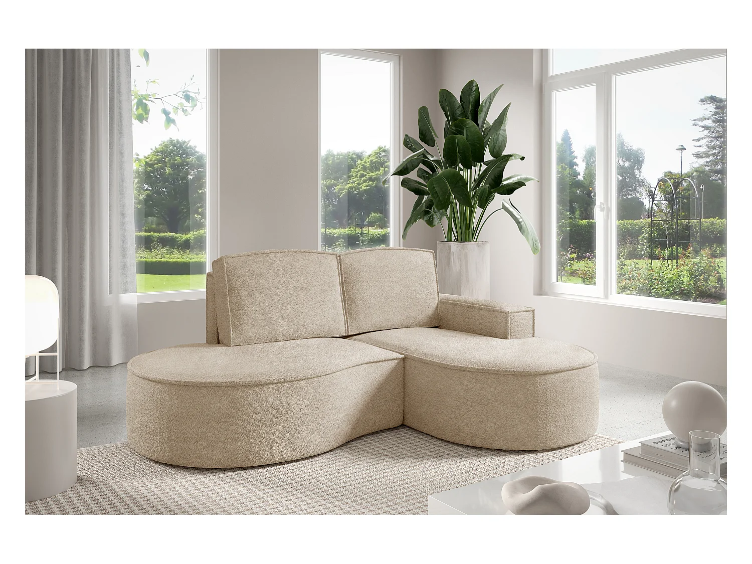 Canapé d'angle MOLLY – Semi-circulaire, Abriamo-Bouclé, Coussins libres, Revêtement bouclé, 210x157x88 cm, Droit Beige