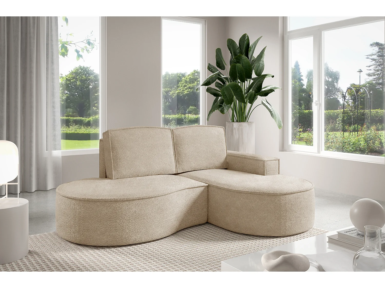 Canapé d'angle MOLLY – Semi-circulaire, Abriamo-Bouclé, Coussins libres, Revêtement bouclé, 210x157x88 cm, Droit Beige