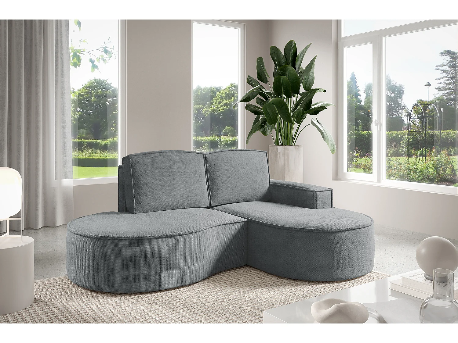 Canapé d'angle MOLLY sans couchage – Demi-lune, tissu Bouclé, coussins amovibles, revêtement doux, 210x157x88 cm, côté droit gris