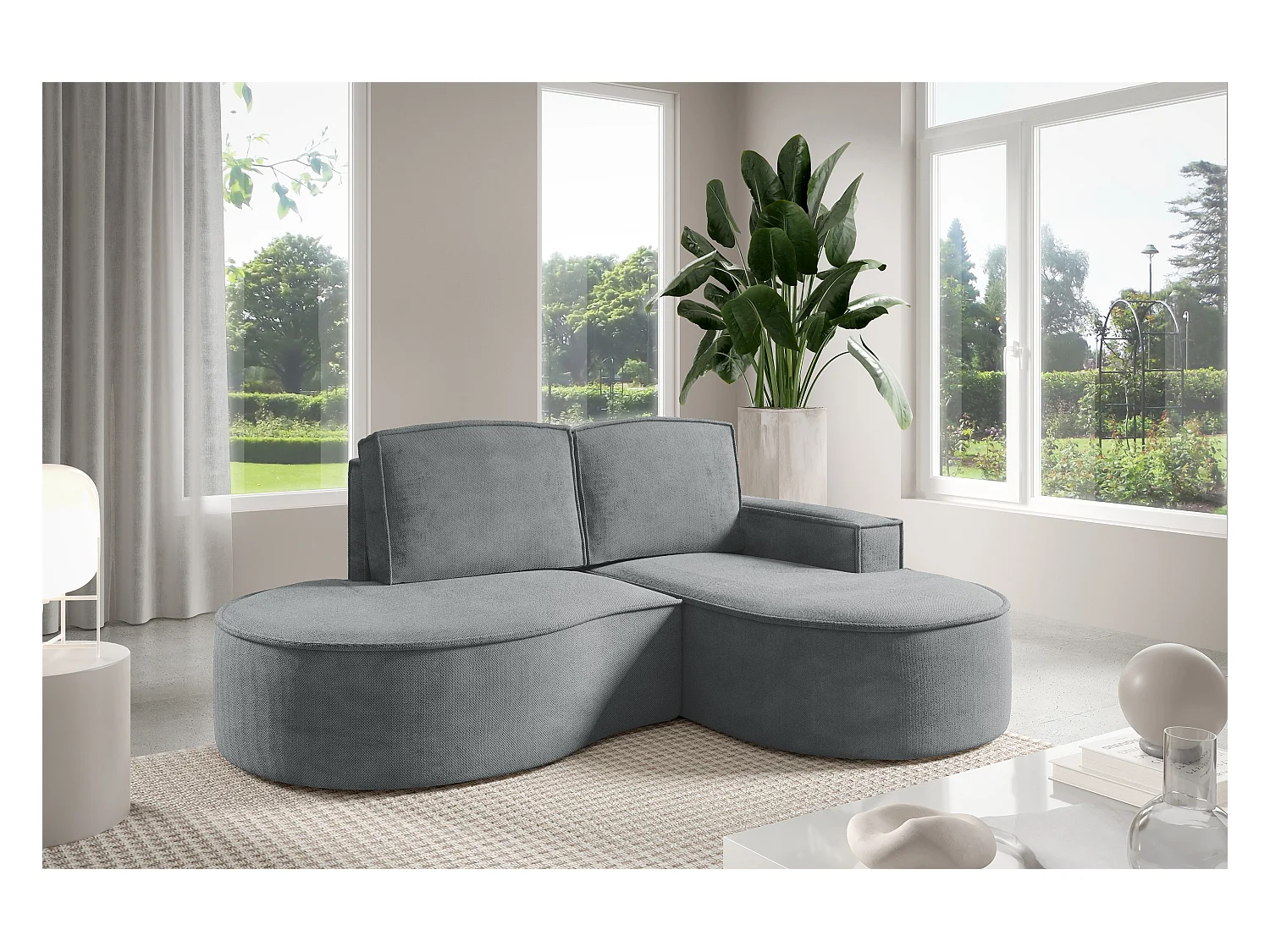 Canapé d'angle MOLLY sans couchage – Demi-lune, tissu Bouclé, coussins amovibles, revêtement doux, 210x157x88 cm, côté droit gris