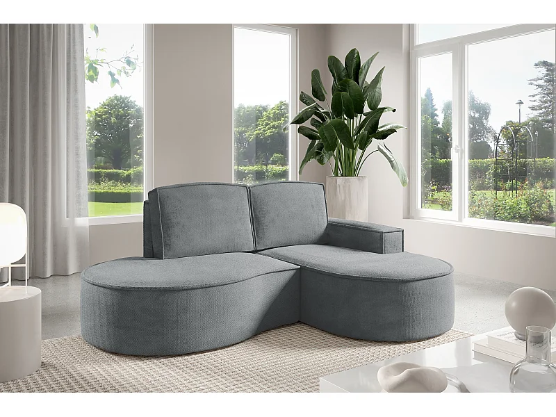 Canapé d'angle MOLLY sans couchage – Demi-lune, tissu Bouclé, coussins amovibles, revêtement doux, 210x157x88 cm, côté droit gris